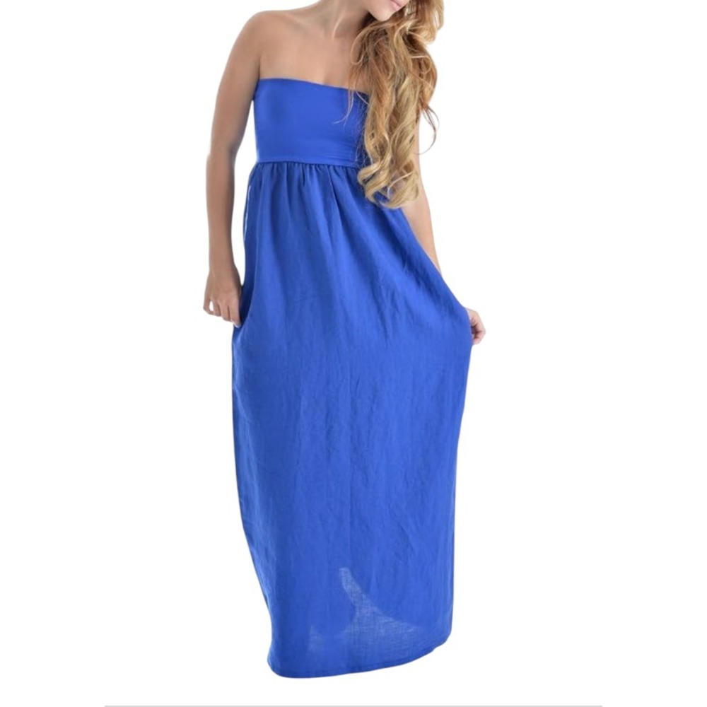 JOLIE Royal Blue Linen STRAPLESS MAXI DRESS Stretchy Knit Upper Bust w/Pockets S